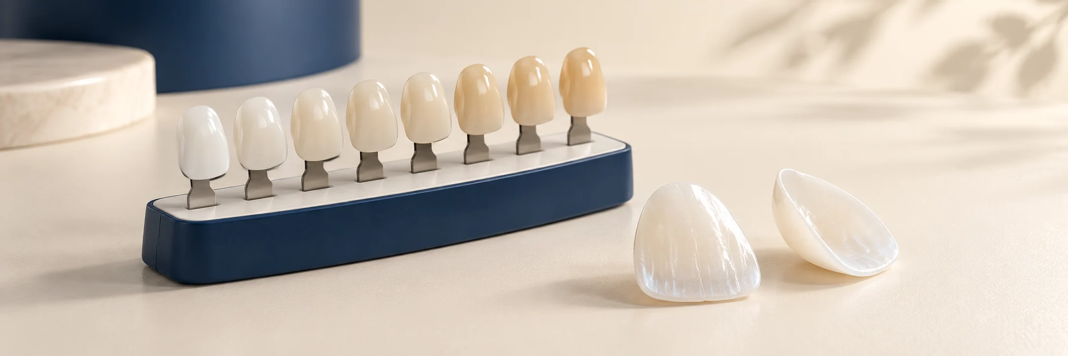 Illustration of a dental shade guide and two porcelain veneer shells