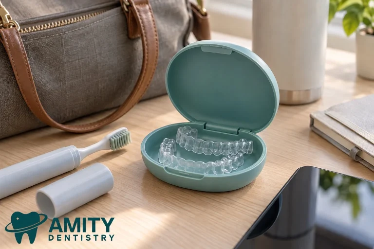 Clear aligners in a teal case beside a travel toothbrush and work bag.