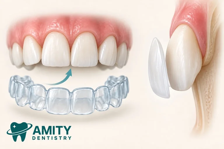 Educational illustration of clear aligners beside front teeth and a thin veneer covering a tooth’s front surface.