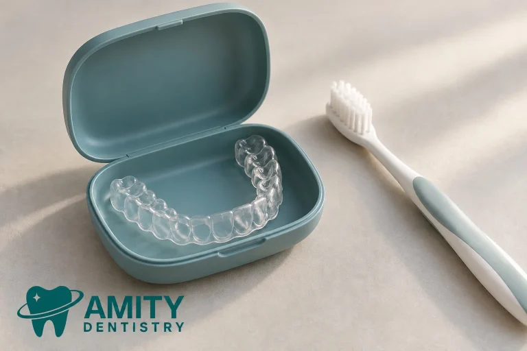 Clear retainer in an open protective case beside a toothbrush.