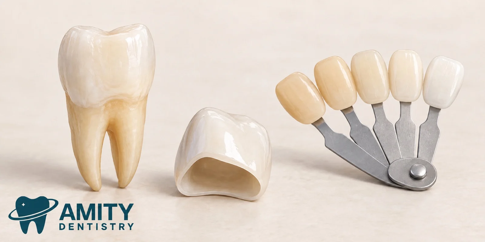 Educational illustration of a natural tooth model and a dental crown beside a shade guide.